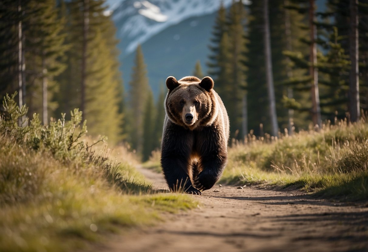 A bear walking on a marked trail with wildlife around