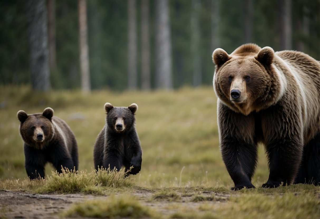 A bear and a group of wildlife watchers maintaining a safe distance in a natural setting, following guidelines for bear country