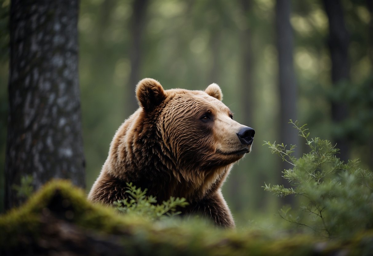 The bear cautiously sniffs the air, ears perked for any sound. Surrounding vegetation rustles as it cautiously moves through the forest