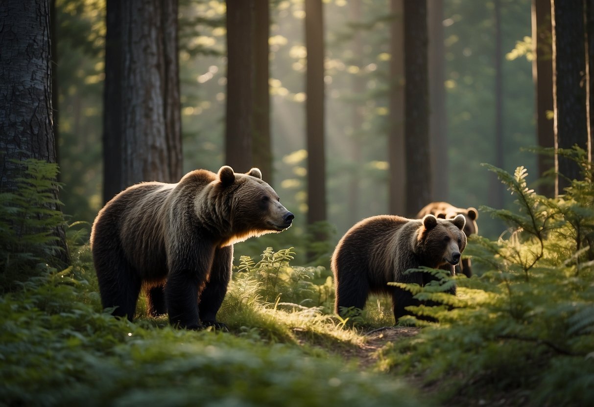 A bear family foraging in a lush forest, while a group of hikers quietly observe from a safe distance, following the 7 tips for wildlife watching in bear country