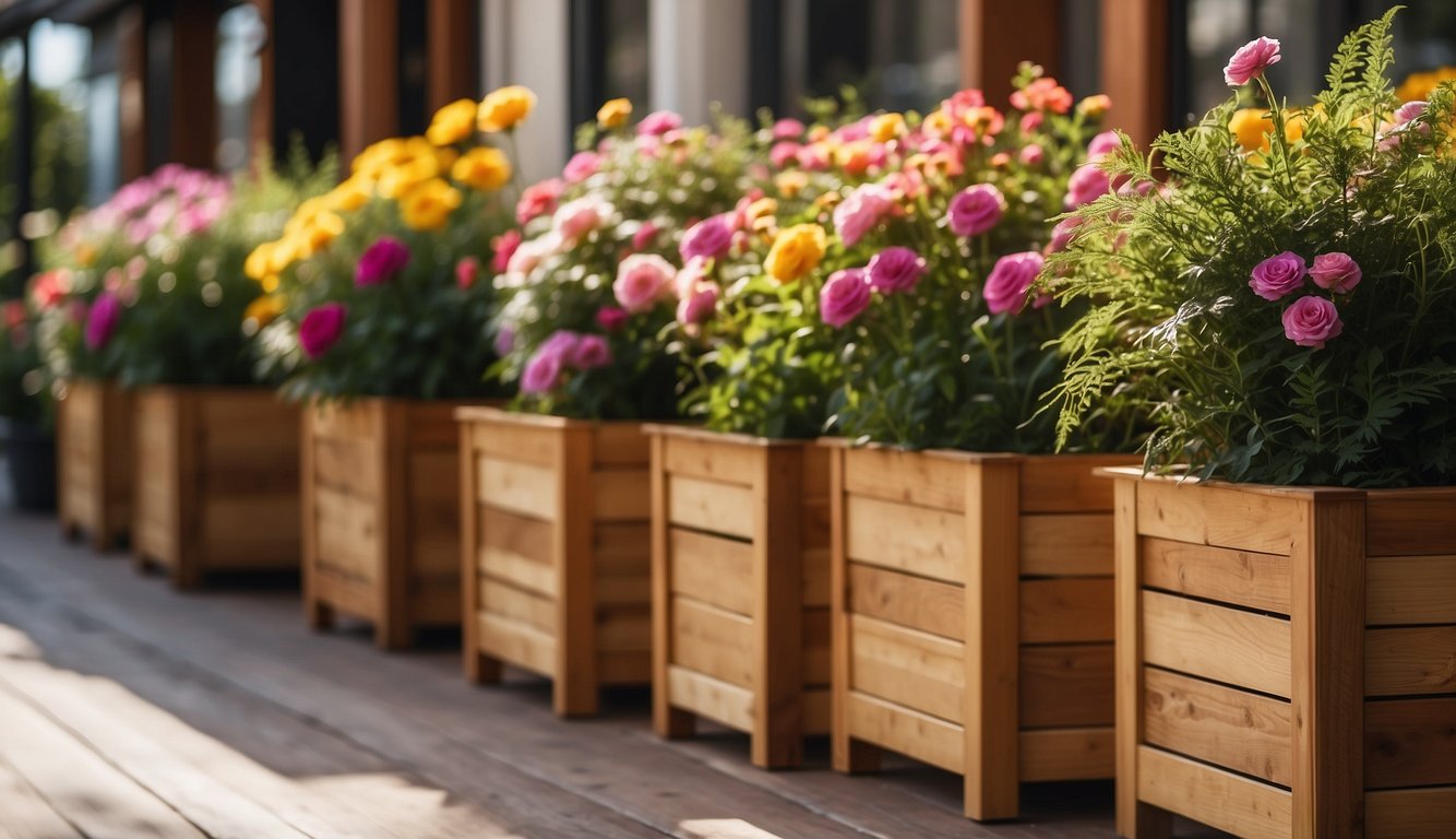 Wooden planter boxes line a sunny Australian patio, filled with vibrant greenery and colorful blooms