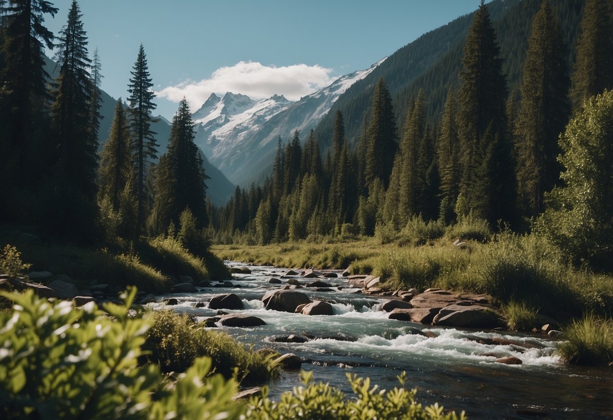 Lush forest with diverse wildlife, including bears, wolves, and lynx. Snow-capped mountains in the background, with a tranquil river flowing through the scene