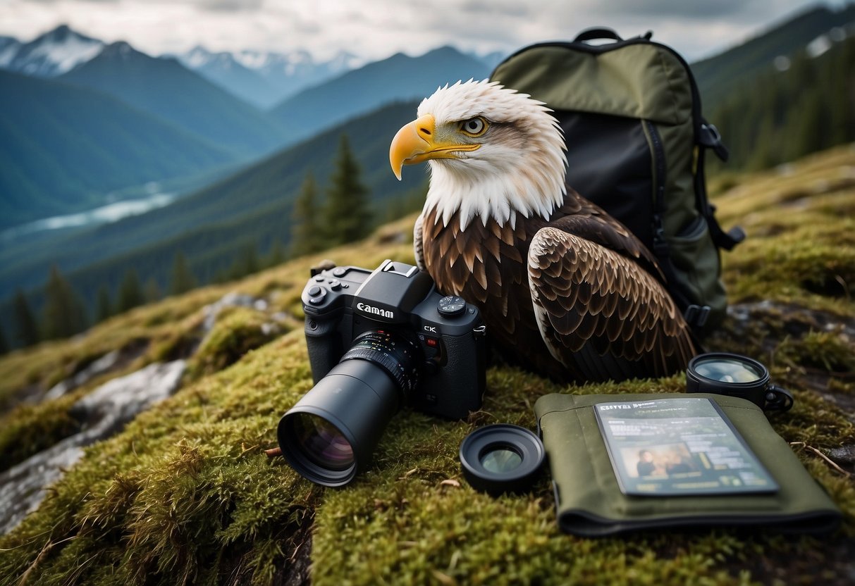 A pair of binoculars, a camera with a telephoto lens, a field guide, and a backpack lay on a mossy forest floor. In the distance, a majestic eagle soars over snow-capped mountains