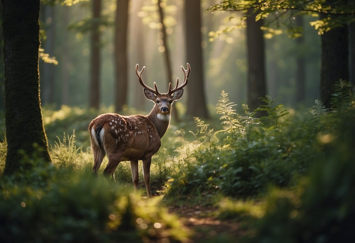 A serene forest clearing with diverse European wildlife, including deer, birds, and small mammals, surrounded by lush greenery and natural habitats