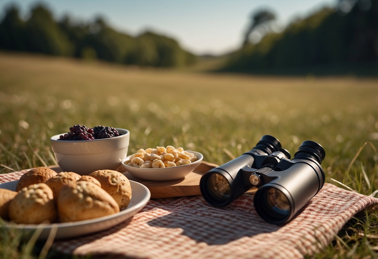 Wildlife snacks laid out on a picnic blanket with binoculars and a field guide nearby. Birds and animals in the background