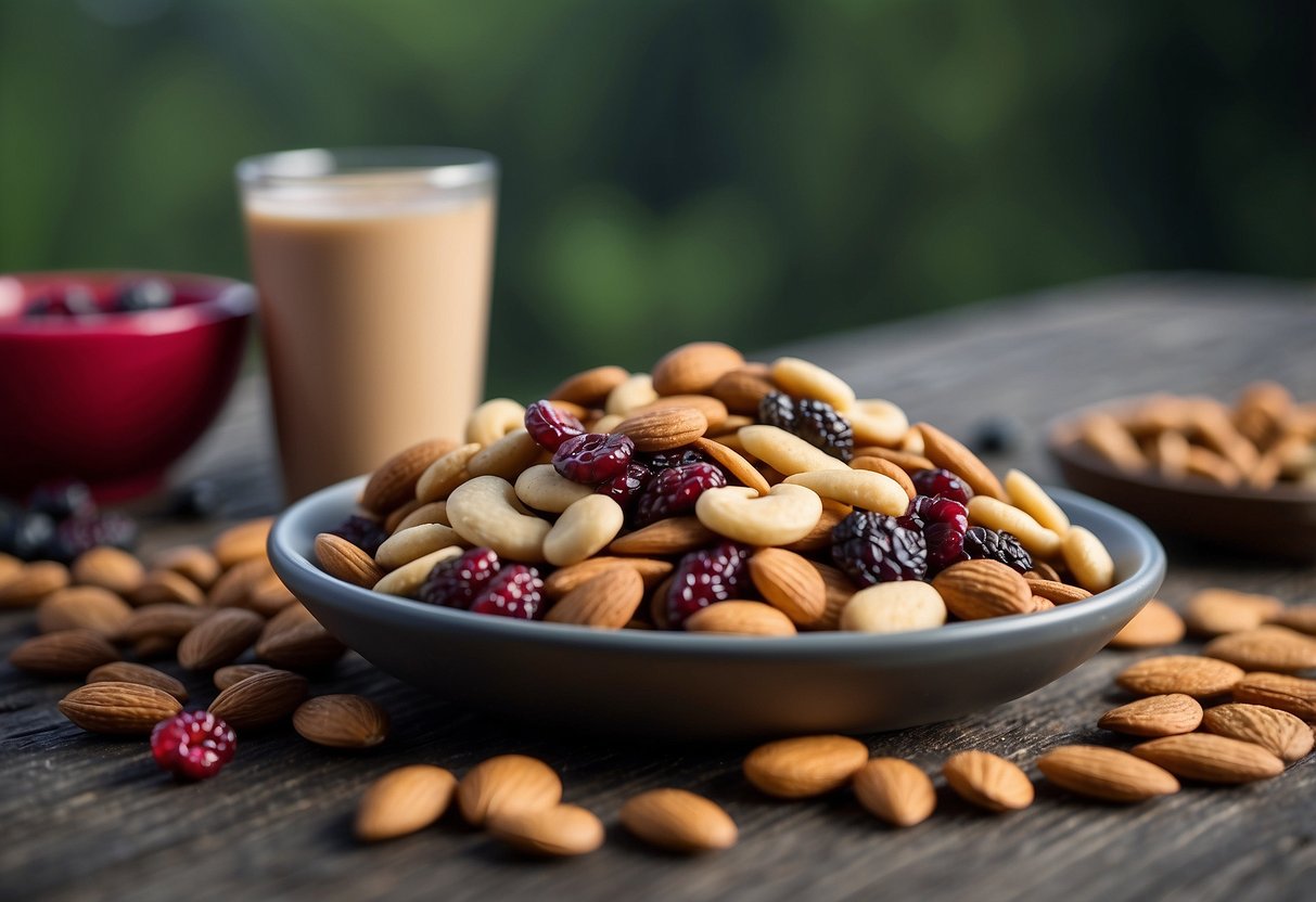 A pile of trail mix with dried cranberries and almonds sits on a flat surface, surrounded by lightweight snacks and binoculars, ready for a wildlife watching trip