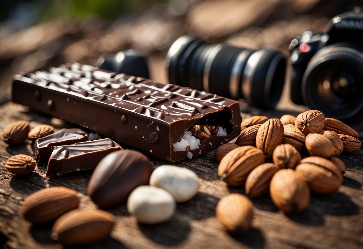 A group of Kind Bars - Dark Chocolate Nuts & Sea Salt scattered on a natural surface, surrounded by wildlife watching gear and equipment