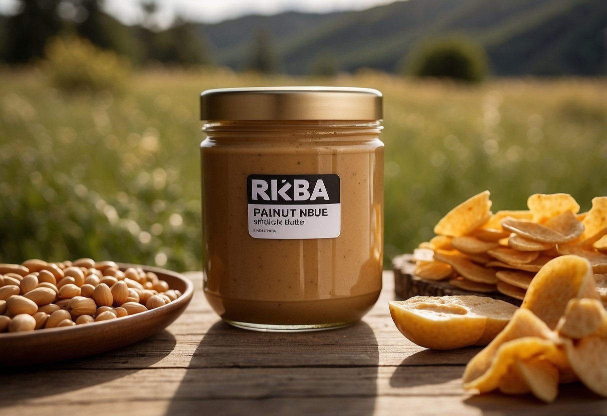 A jar of RXBAR peanut butter surrounded by 10 lightweight snacks in a nature setting, with binoculars and a field guide nearby for wildlife watching trips