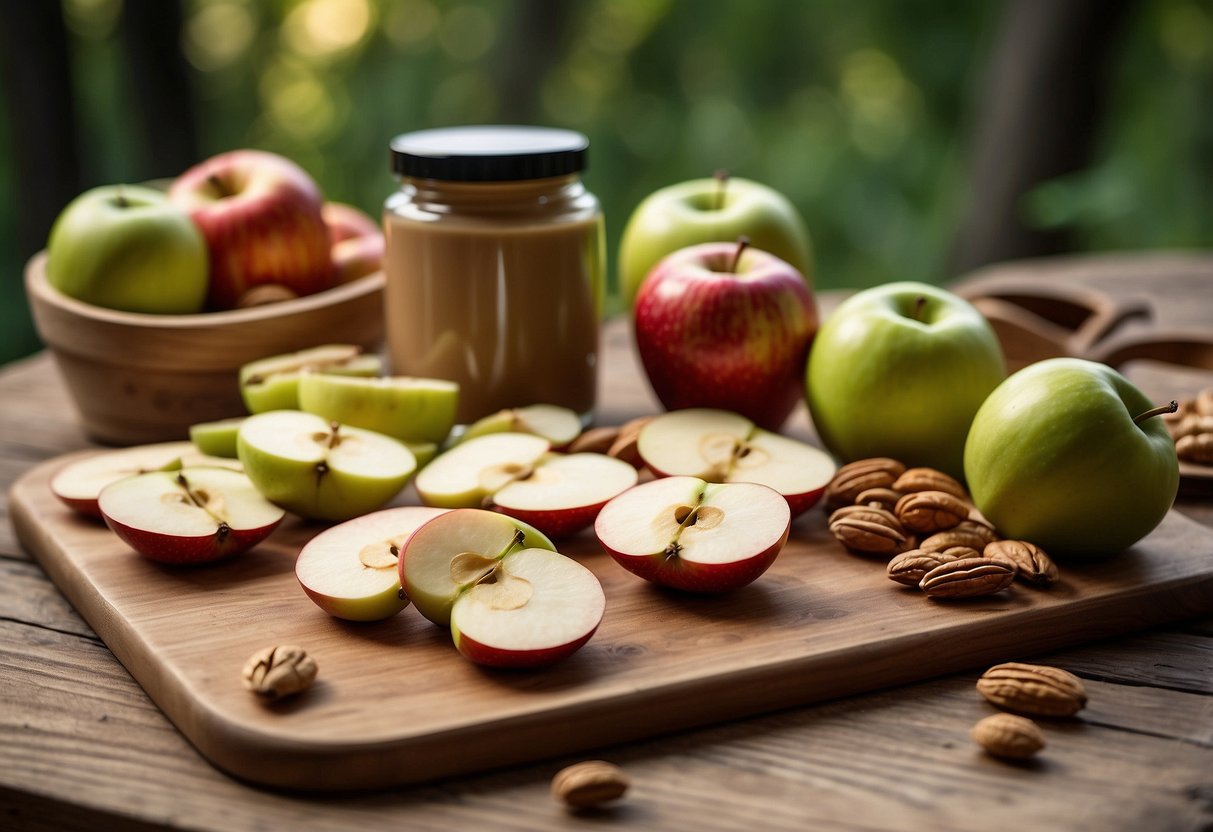 Apple slices arranged with nut butter packets on a wooden cutting board, surrounded by nature-themed snacks and a pair of binoculars