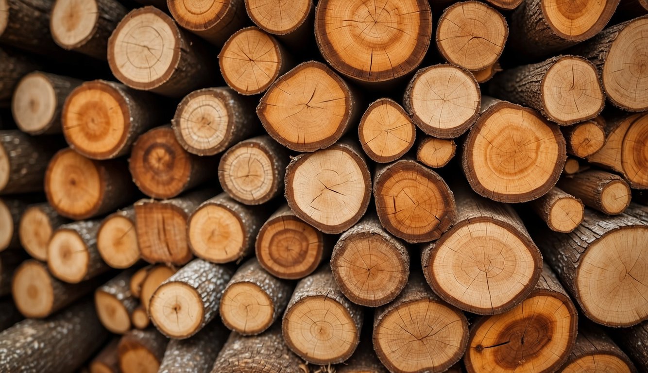 Various types of wood, such as cedar, redwood, and teak, are stacked neatly in a lumberyard. Sawdust and wood chips litter the ground