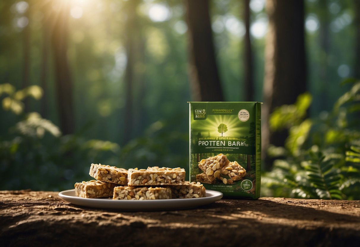 A serene forest clearing with a variety of wildlife snacking on Nature Valley Protein Bars. The sun filters through the trees, casting dappled light on the scene