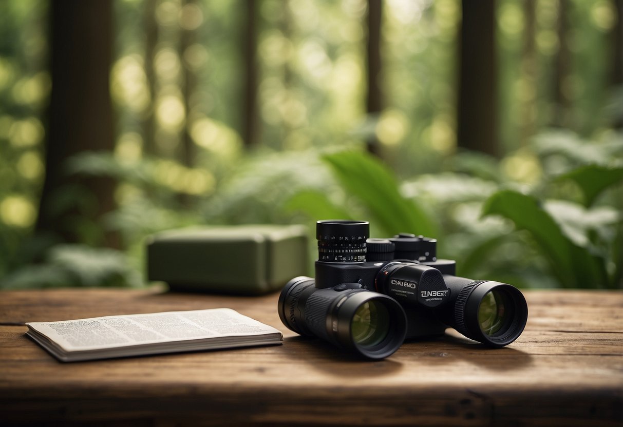 A GoMacro MacroBar sits on a nature-themed table next to binoculars and a field guide. A lush forest background with wildlife peeking out