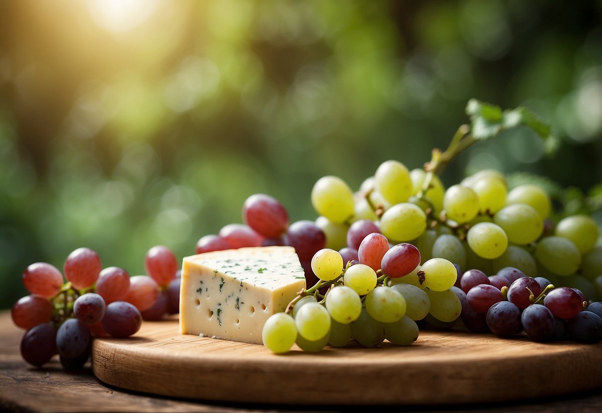 A spread of fresh grapes and cheese cubes on a rustic wooden board, surrounded by nature and wildlife