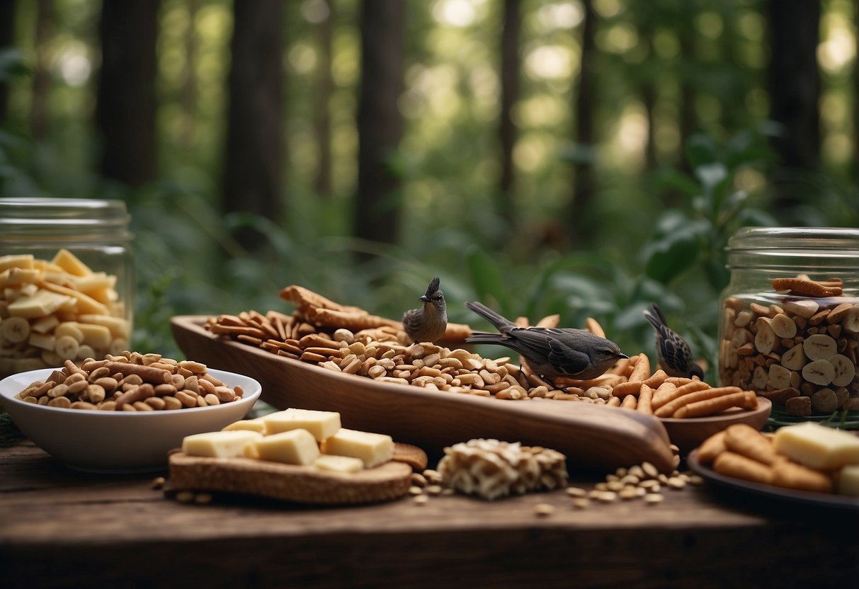 A forest clearing with a variety of wildlife, including birds and small mammals, gathered around a pile of Hormel Natural Choice Snack Sticks