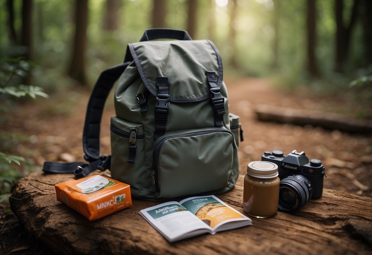 A backpack open on the ground, surrounded by nature. Almond butter squeeze packs spilling out, alongside binoculars and a wildlife guidebook