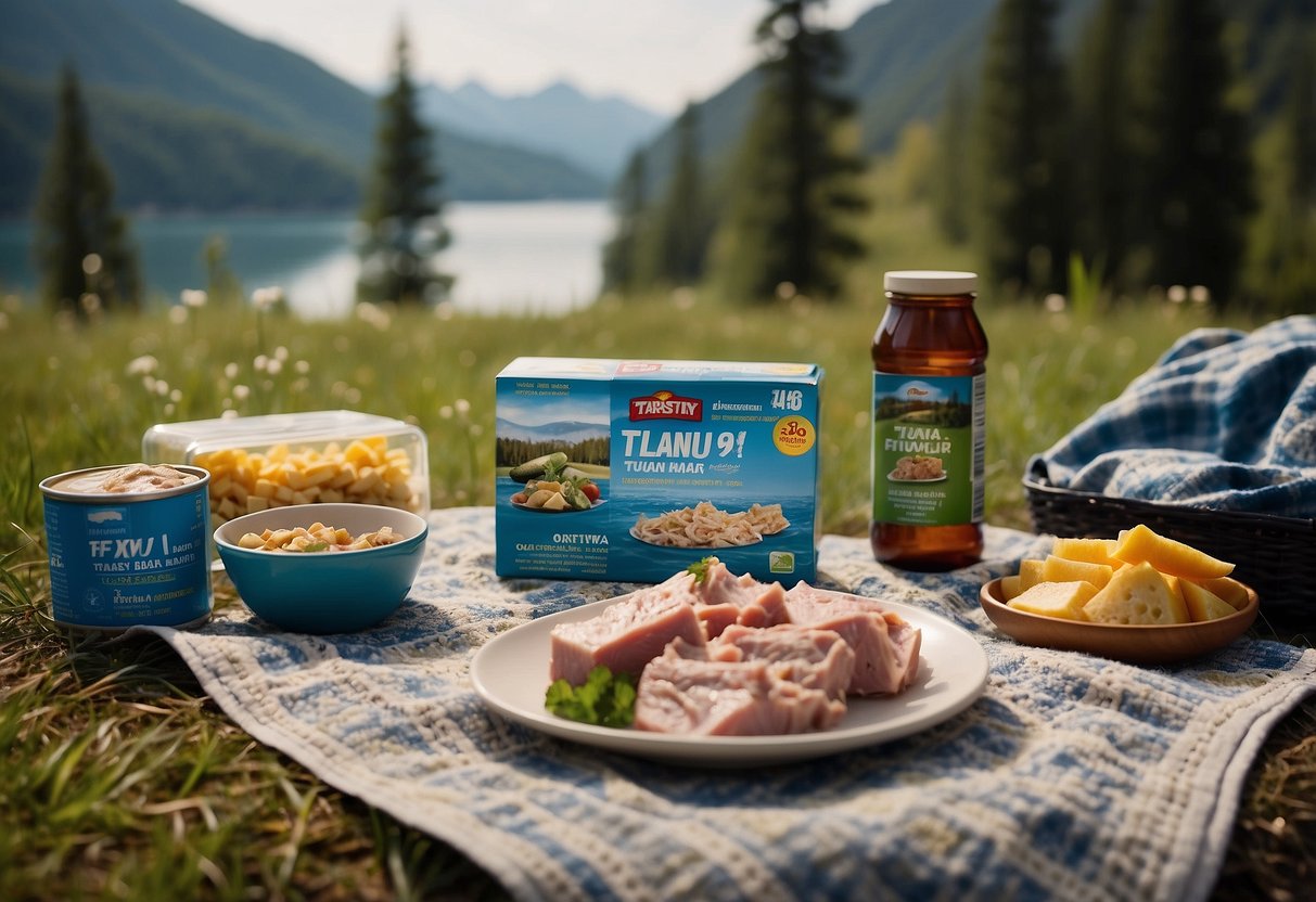 A picnic blanket spread with Starkist Tuna Creations packets, surrounded by wildlife watching gear. The backdrop includes a serene natural setting with trees and a calm body of water