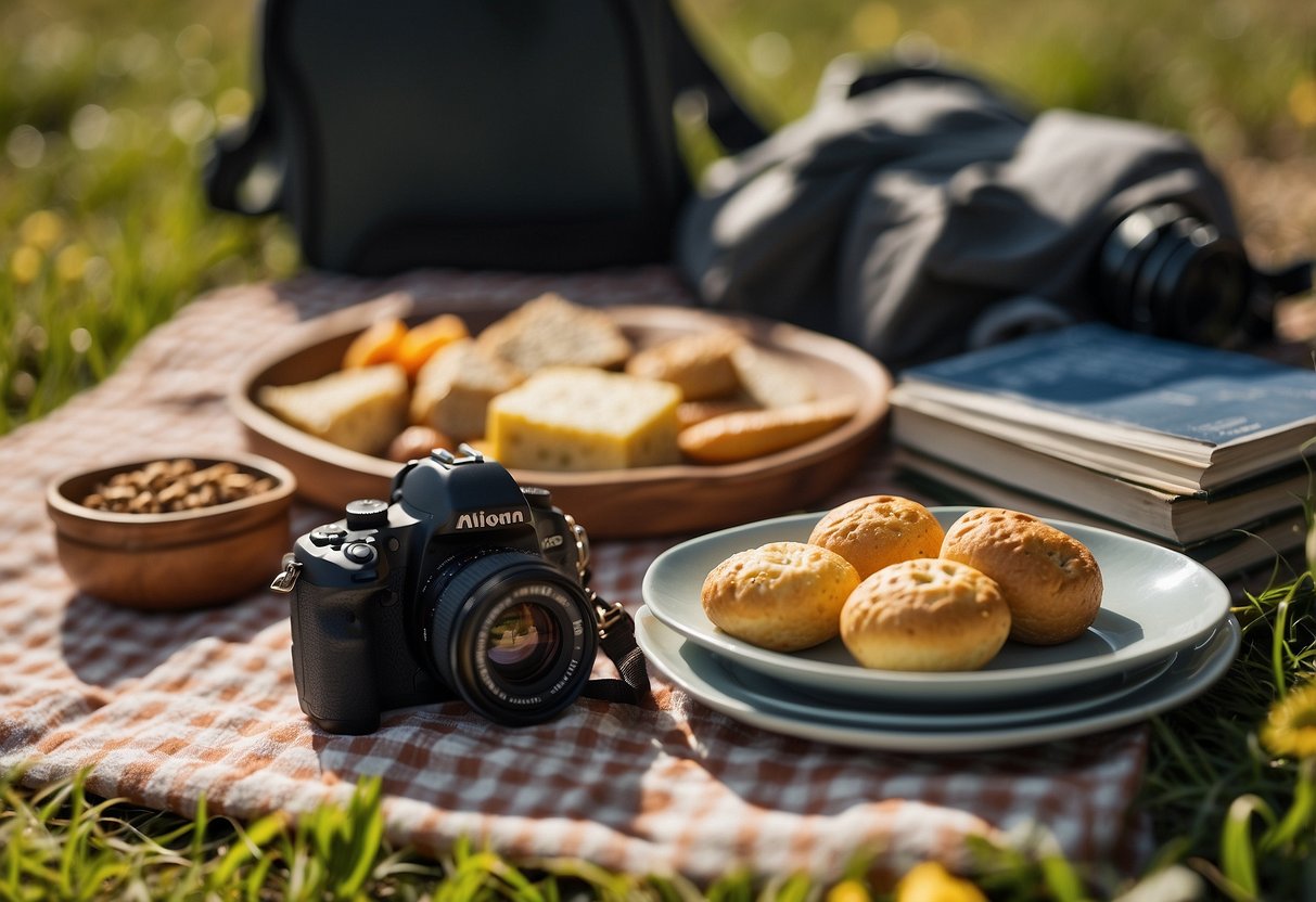 A variety of lightweight snacks scattered on a nature-themed picnic blanket, surrounded by binoculars, a camera, and a field guide book