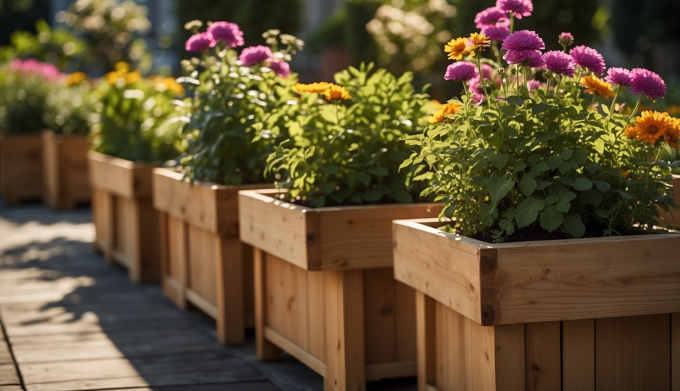 Wooden planter boxes arranged neatly in a garden, filled with vibrant flowers and lush greenery. The sun shines down, casting dappled shadows on the boxes