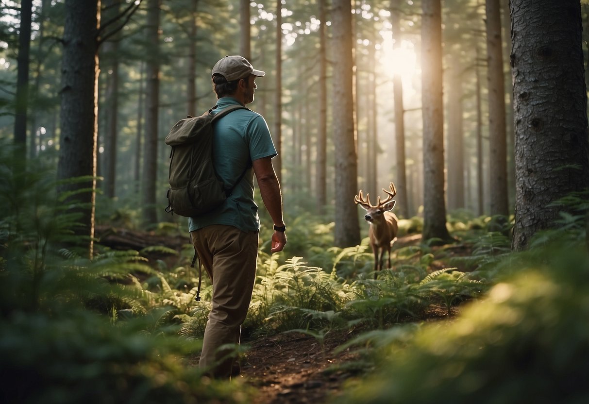 A serene forest clearing with diverse wildlife, including birds, deer, and small mammals. A hiker observes from a safe distance, using binoculars and a field guide