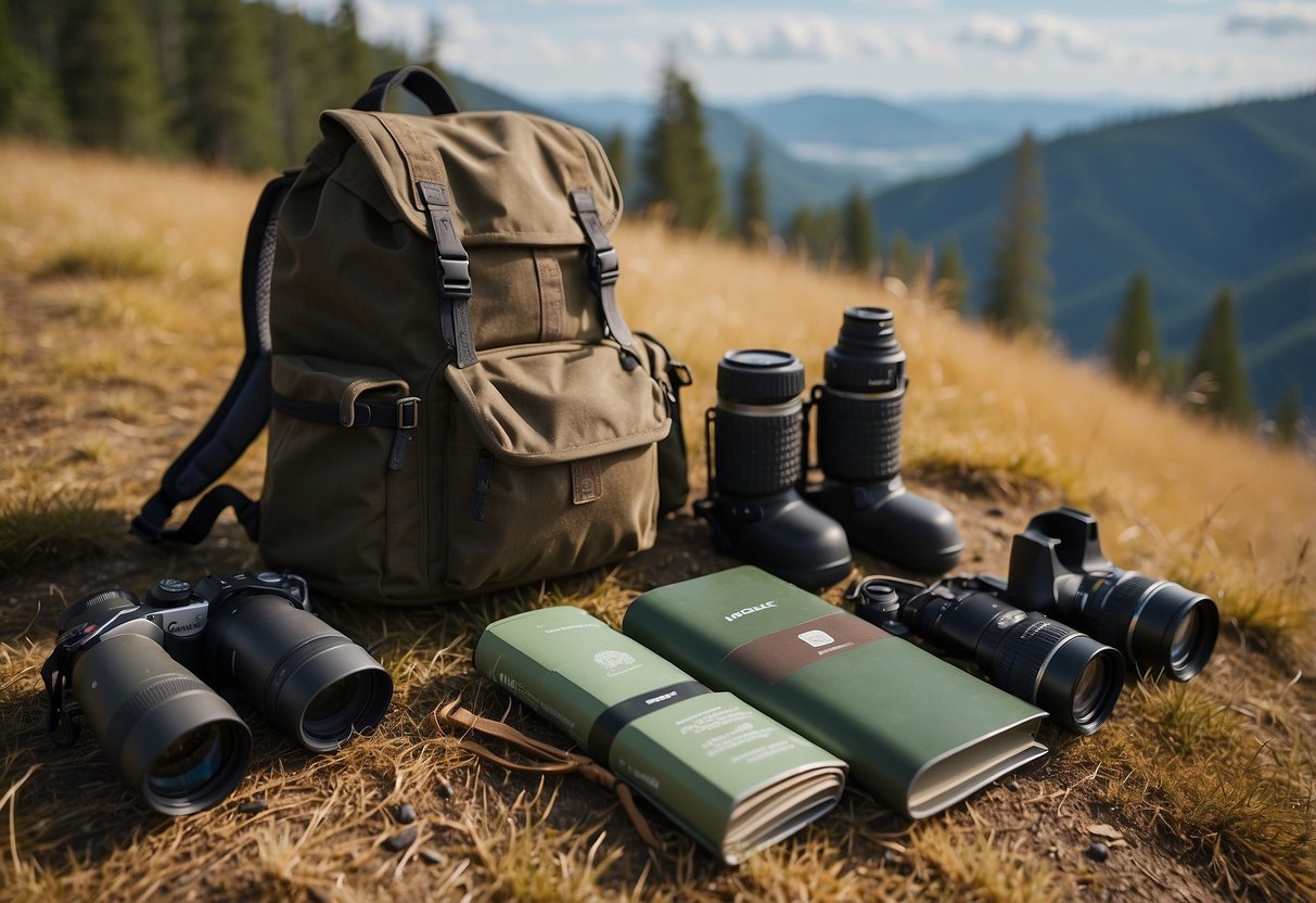 A backpack lies open on the ground, filled with binoculars, a camera, a field guide, and a water bottle. Nearby, a pair of hiking boots and a wide-brimmed hat are set out, ready for a day of wildlife