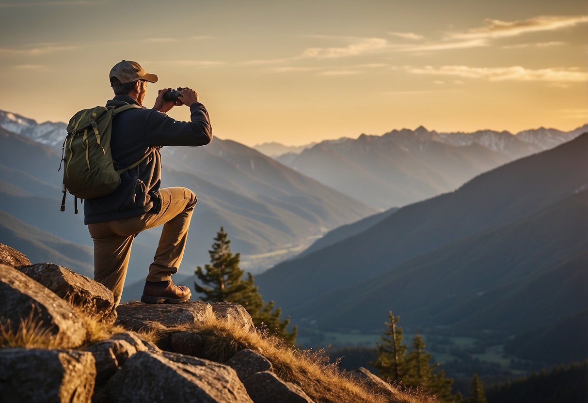 A figure holds binoculars, scanning the vast backcountry for wildlife. Trees and mountains loom in the background, while the sun casts a warm glow over the scene