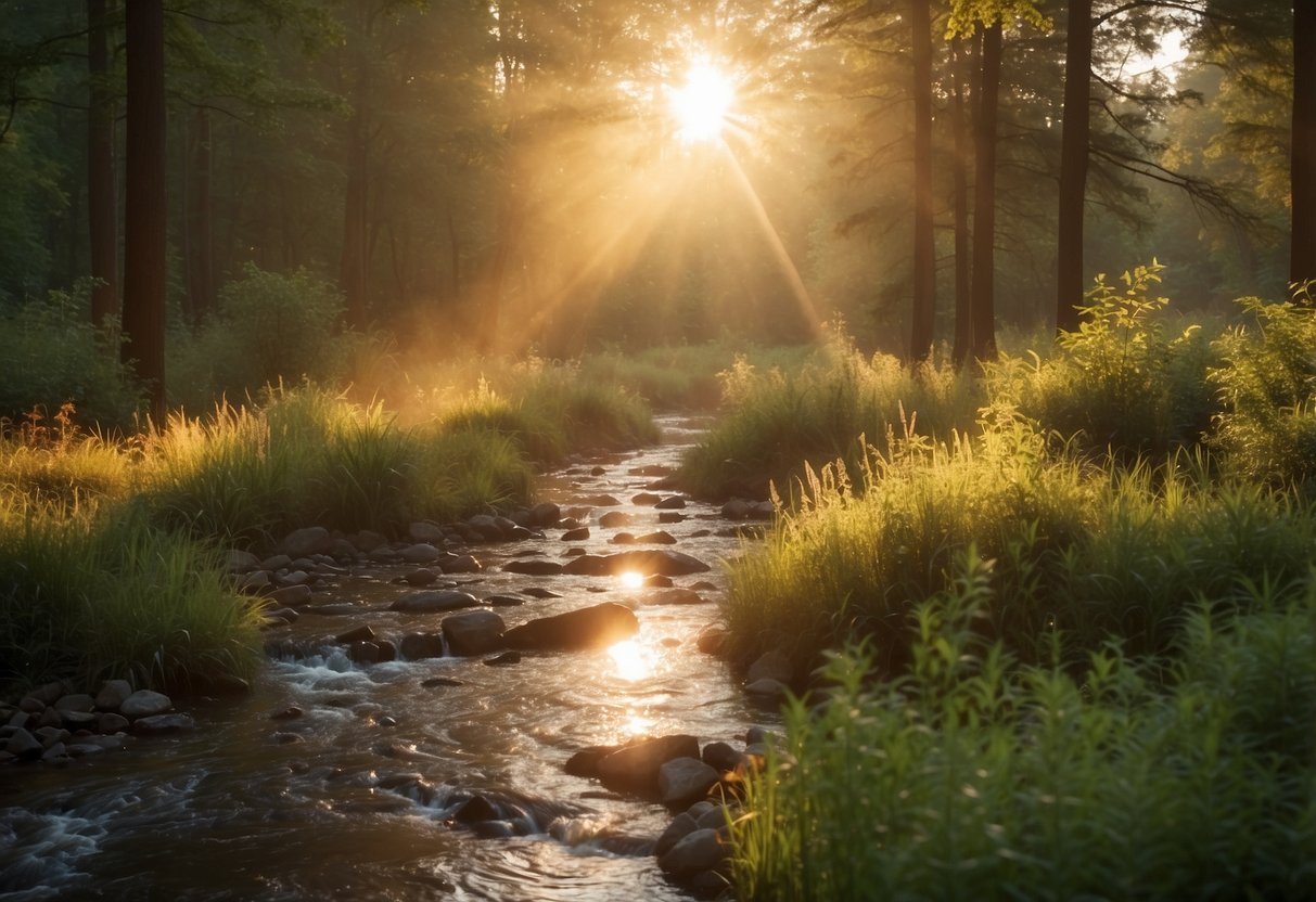 Sunrise over a tranquil forest clearing, with a meandering stream and diverse wildlife. A variety of birds, deer, and other animals are active in the soft morning light