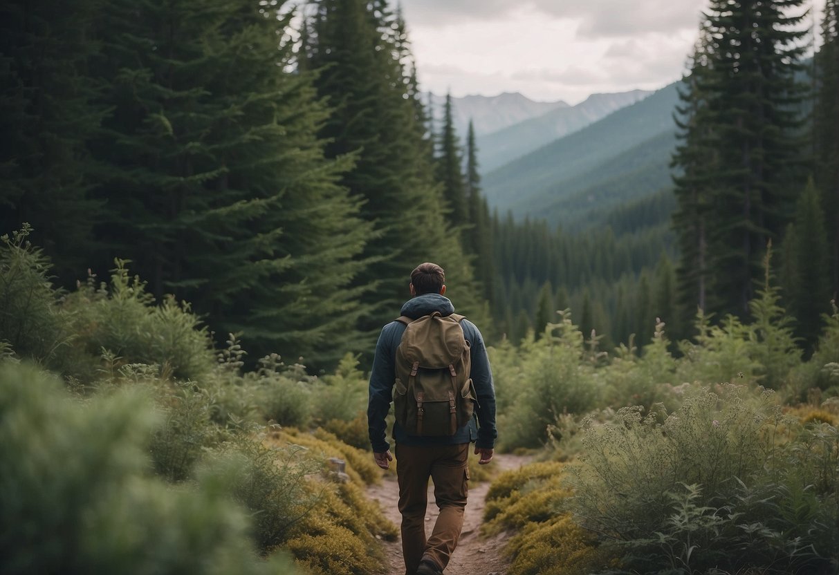 A hiker in muted colors observes a bear from a safe distance in the wilderness. Surrounding trees and bushes provide cover for the wildlife