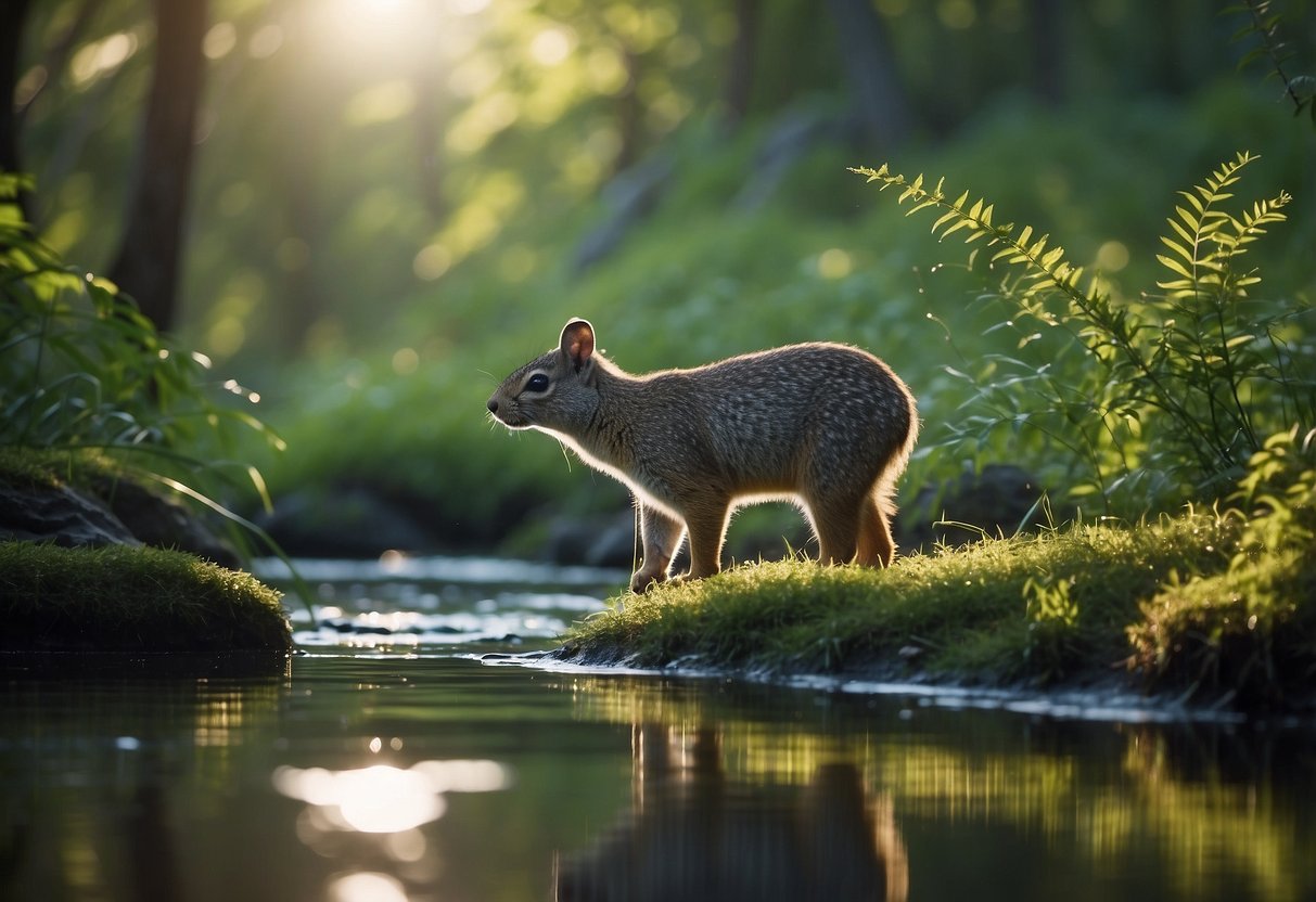 Animals foraging, resting, and interacting in natural habitat. Trees, bushes, and water sources present. No human presence