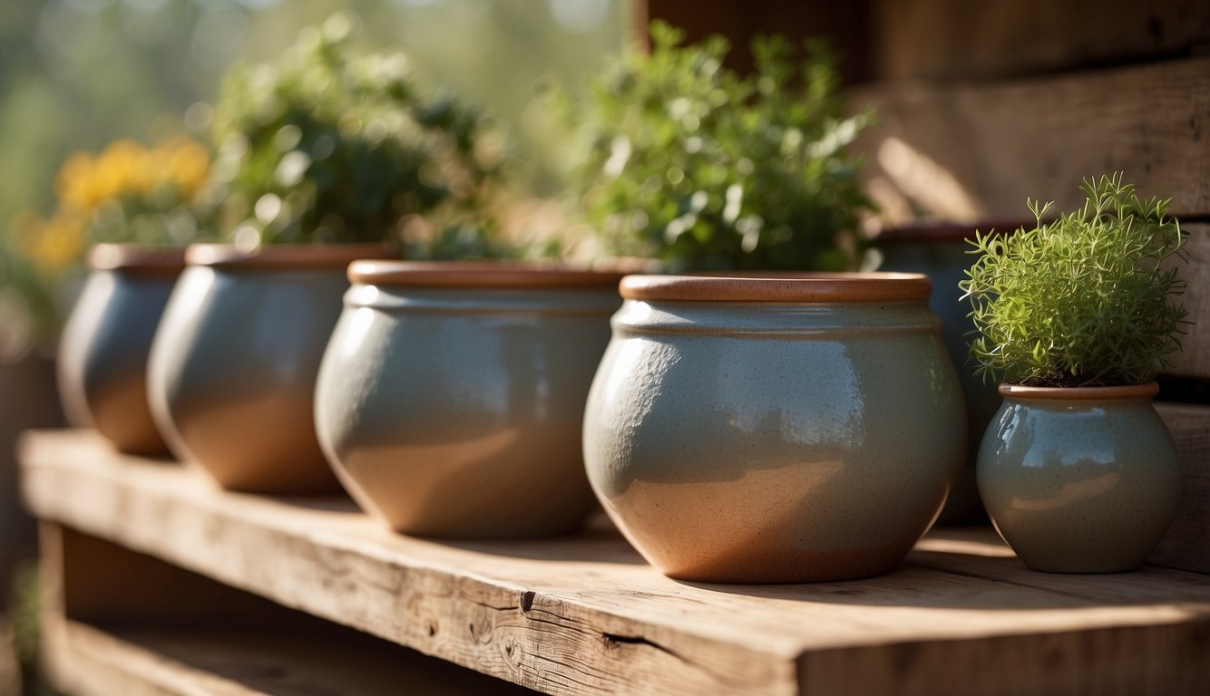 Stoneware pots arranged on a rustic wooden shelf, bathed in warm sunlight