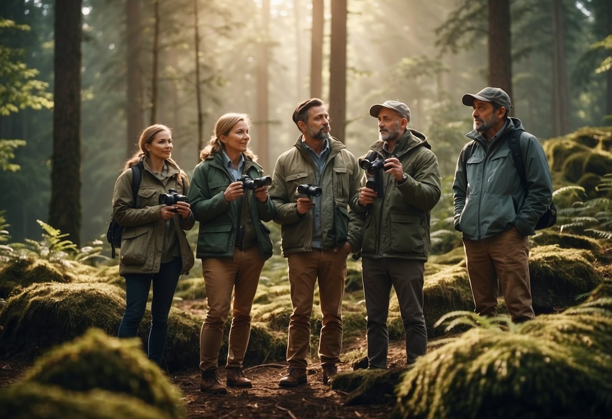 A group of wildlife enthusiasts wearing lightweight jackets, binoculars around their necks, standing in a forest clearing, observing various animals and birds