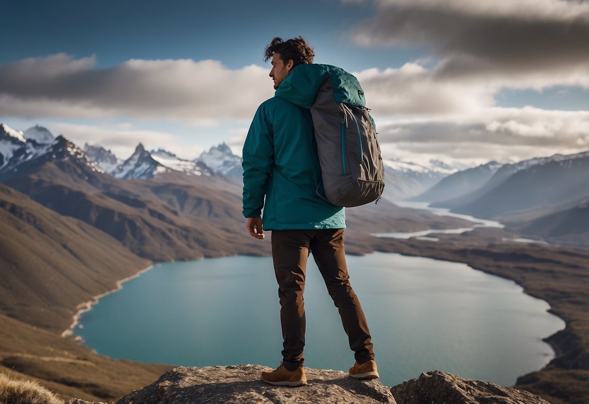 A figure stands on a rocky cliff overlooking a vast, rugged landscape. The wind whips through the air, causing the Patagonia Houdini Jacket to billow and flap in the breeze. The figure is surrounded by wildlife, quietly observing the