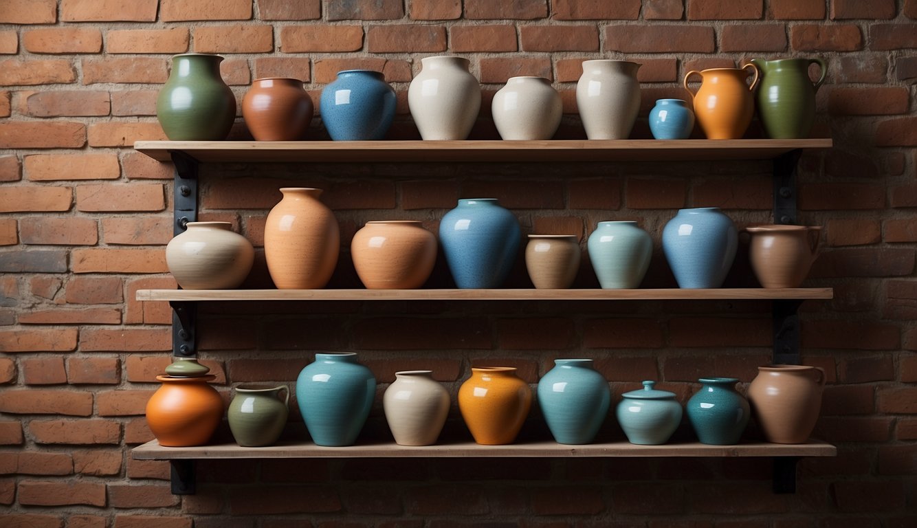 A display of stoneware pots in various shapes, sizes, and colors arranged on a wooden shelf against a rustic brick wall