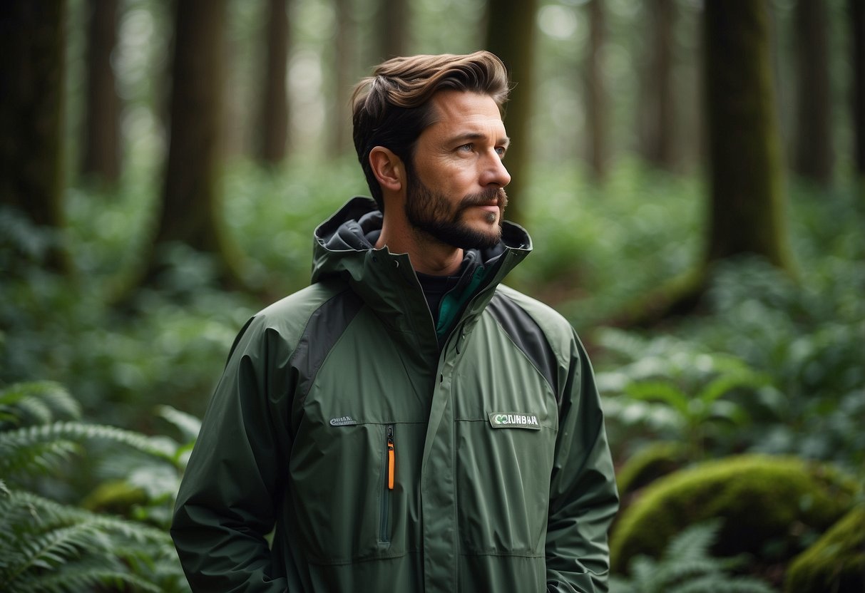 A figure stands in a lush forest, wearing a Columbia Watertight II Jacket, binoculars around their neck, observing wildlife. The jacket is lightweight and functional, perfect for outdoor activities