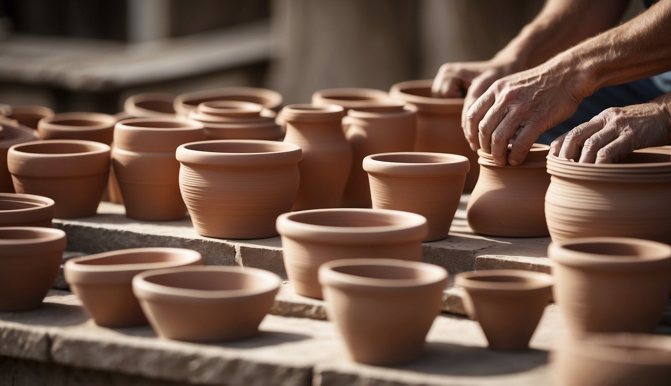 Clay being shaped on a pottery wheel, pots drying in the sun, kiln firing process, and finished stoneware pots being stacked for packaging