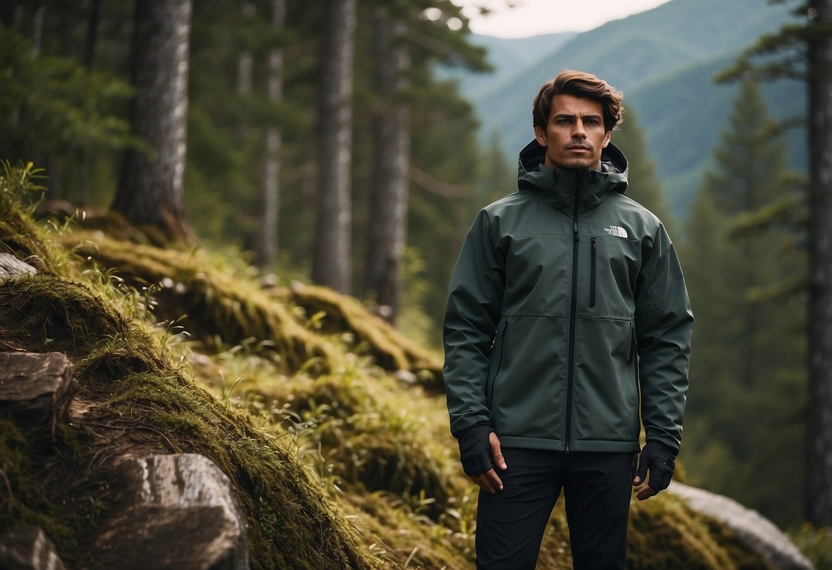 A wildlife enthusiast wears a North Face Apex Bionic Jacket while observing animals in a serene forest setting. The lightweight jacket provides warmth and protection against the elements