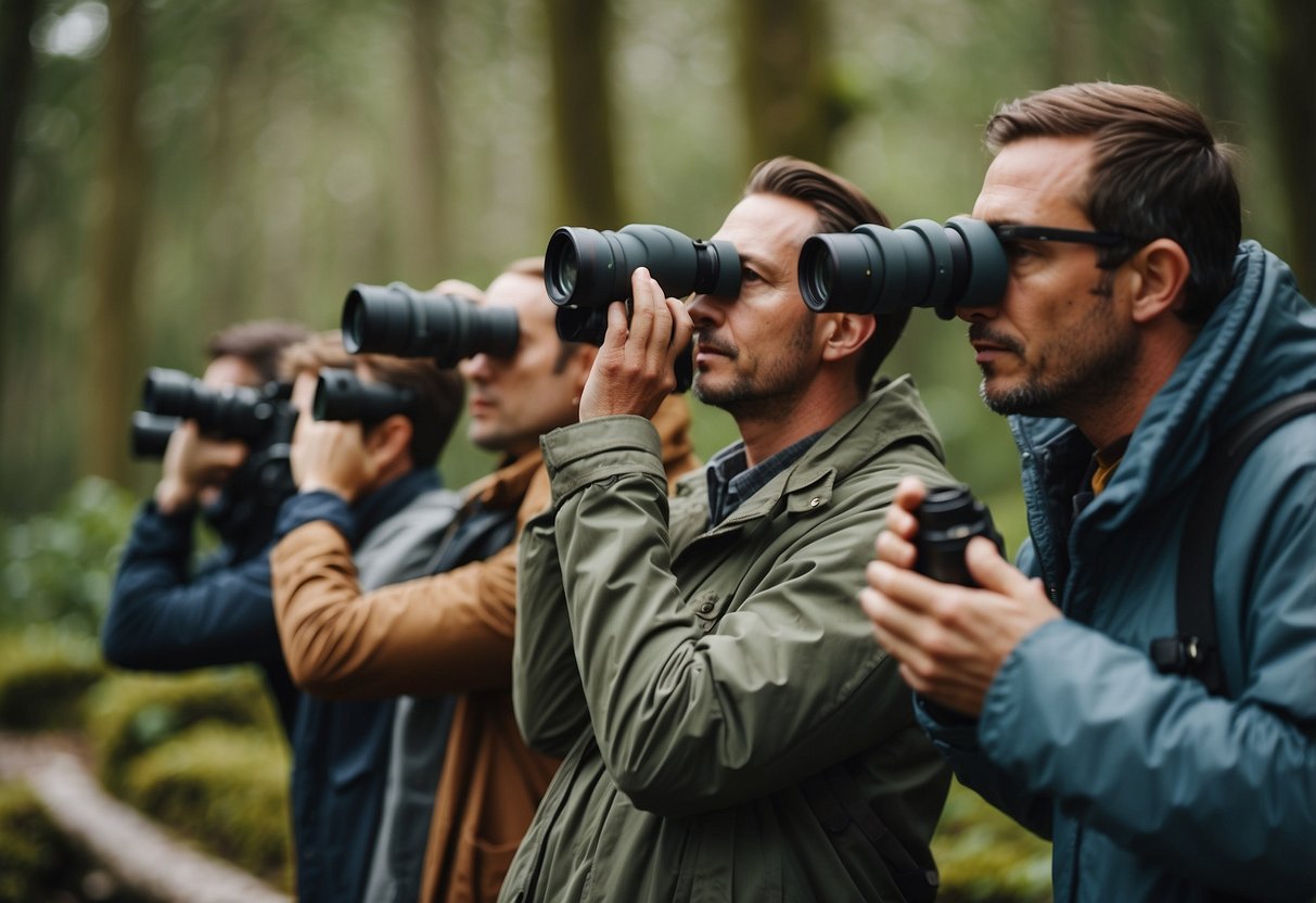 A group of wildlife enthusiasts wearing lightweight jackets, binoculars in hand, quietly observing animals in their natural habitat