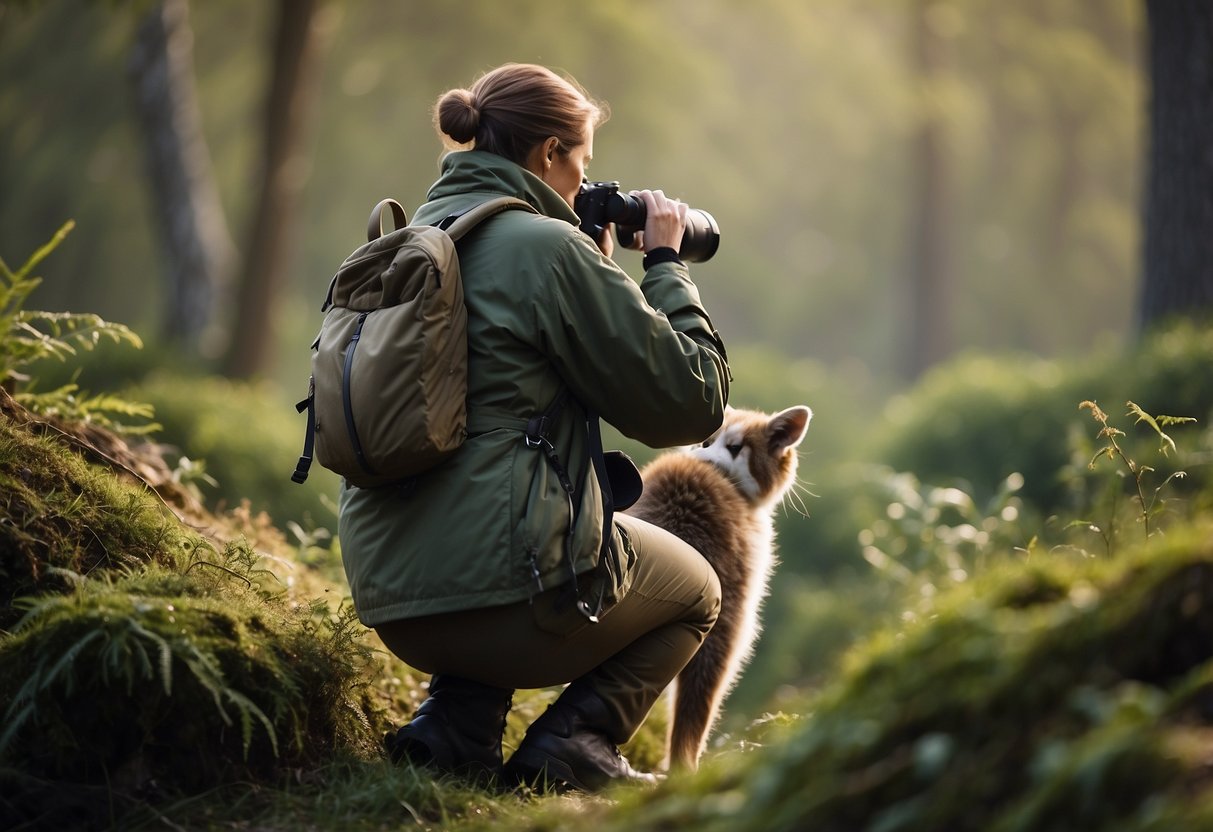 A wildlife watcher wearing a lightweight jacket, binoculars around the neck, observing animals in a natural setting