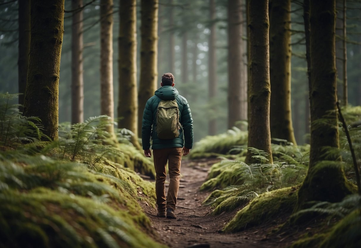 A hiker wearing one of the 5 lightweight jackets watches wildlife in a forest, surrounded by trees and wildlife