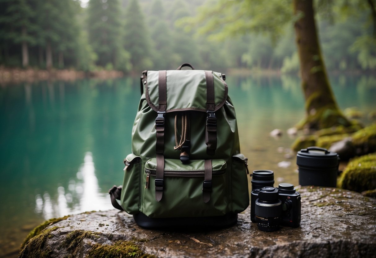 A backpack with a waterproof cover sits on a rock near a tranquil lake, surrounded by a dense forest. A rain poncho is draped over a camera and binoculars, and a waterproof dry bag is open nearby