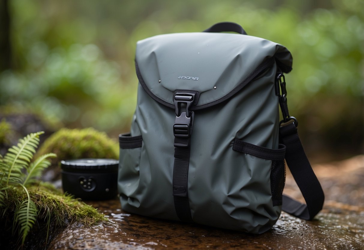 A silicone gear bag sits open, surrounded by wildlife watching equipment. Raindrops bead off the waterproof material, showcasing its ability to keep gear dry in any weather condition