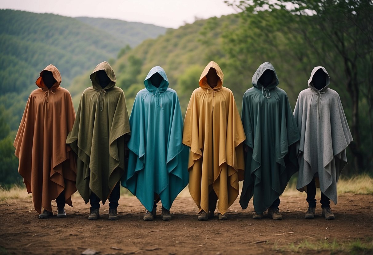 A group of multi-layered ponchos arranged in various ways, with different types of gear neatly organized underneath. The scene is set in a natural, outdoor environment, with wildlife in the background