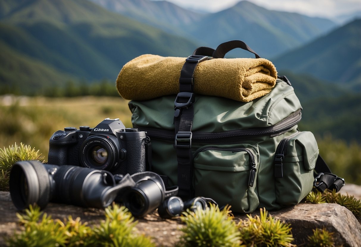 A pile of quick-dry towels arranged next to a backpack, binoculars, and a camera, with a waterproof cover and a dry bag nearby