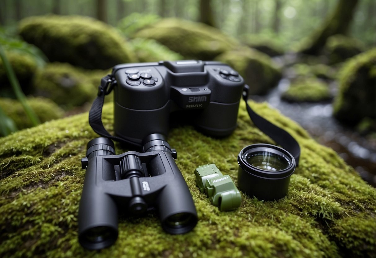 A pair of waterproof binoculars lay on a moss-covered rock, surrounded by a protective dry bag, a waterproof camera, and a sealed container of snacks. The scene is set in a lush forest with a gentle rain falling