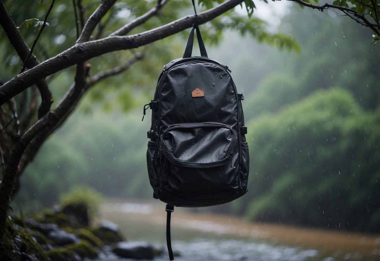 A backpack hanging from a tree branch, surrounded by wildlife, with rain falling but not soaking the bag