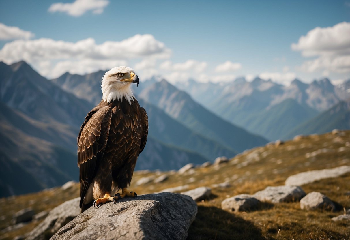 Wildlife watching in high altitudes: a serene mountain landscape with a variety of animals, including eagles, mountain goats, and marmots