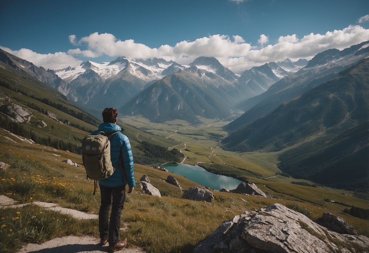 A figure in layered clothing observes wildlife in a high-altitude setting, surrounded by mountains and alpine vegetation