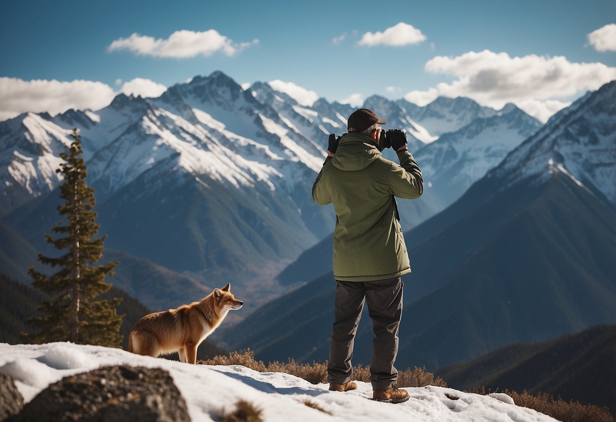 A figure holds binoculars, surrounded by mountain peaks and wildlife. Snow-capped peaks loom in the background, while a variety of animals roam the rocky terrain