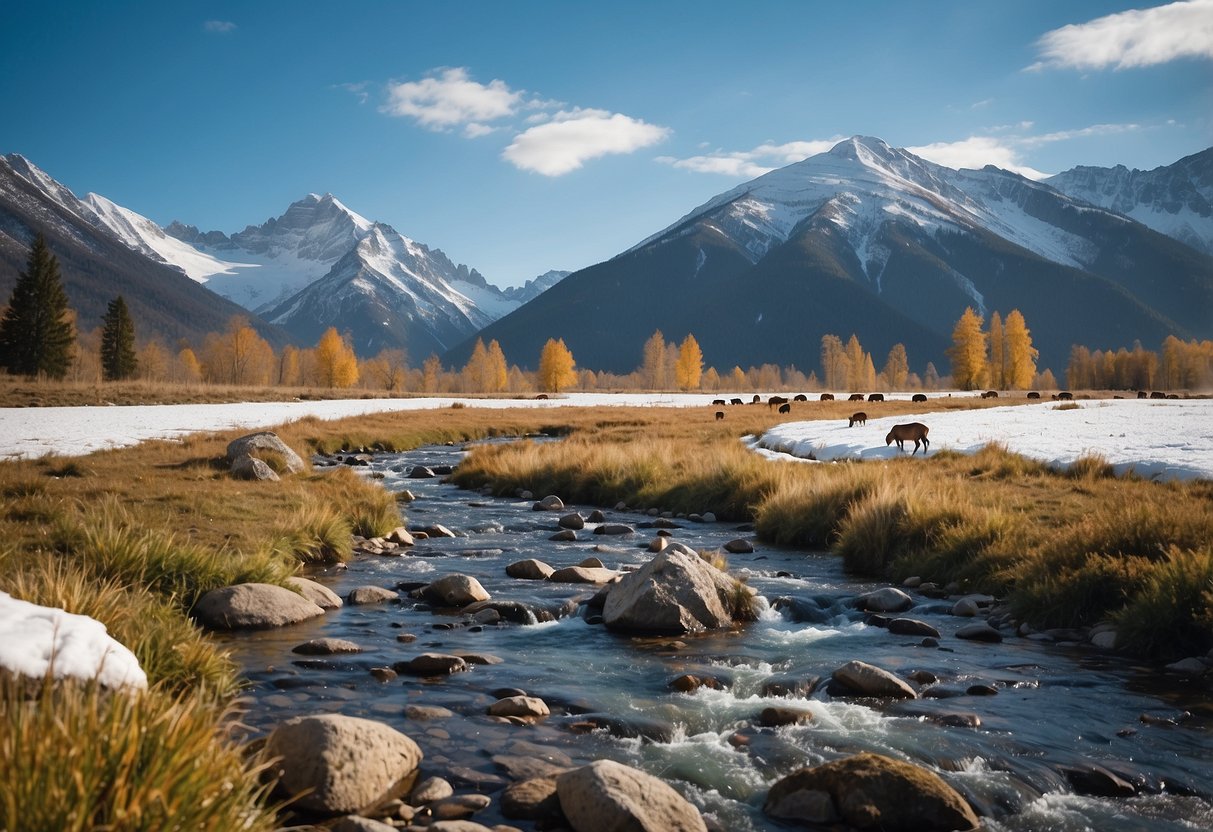 Wildlife in high-altitude landscape, with clear blue skies, snow-capped mountains, and a stream flowing through the scene. Various animals such as birds, deer, and small mammals are present