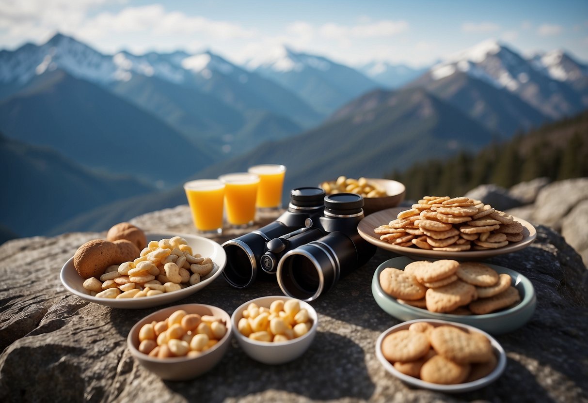 High-energy snacks arranged on a rocky mountain ledge, with a backdrop of snow-capped peaks and a pair of binoculars nearby