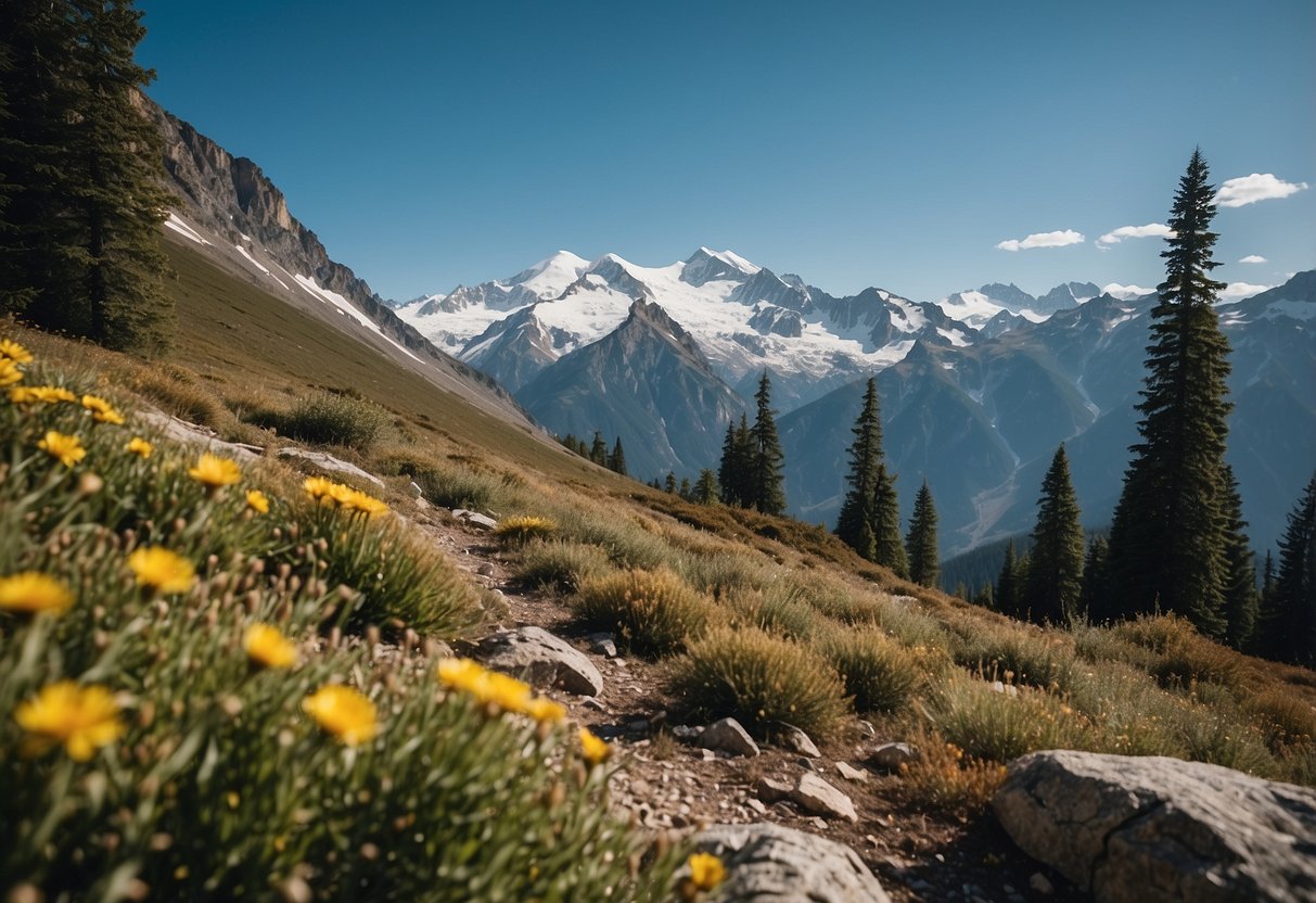 A mountain landscape with diverse wildlife, including birds, mammals, and insects. Snow-capped peaks in the background, with a clear blue sky and alpine vegetation in the foreground